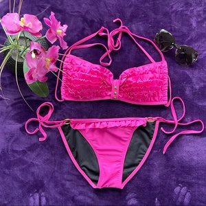 Pink two piece swimsuit.